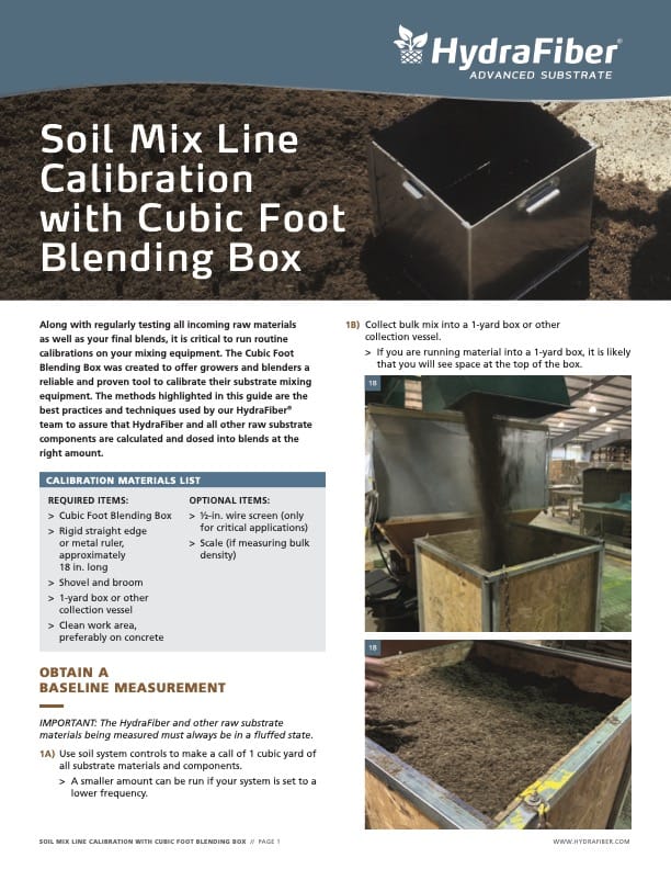 Instructional guide titled Soil Mix Line Calibration with Cubic Foot Blending Box, includes a materials list, steps, and images showing soil testing equipment and mixing procedures in an industrial setting.