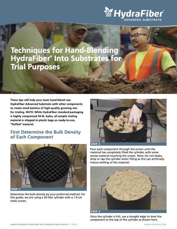 A guide with images shows how to hand-blend HydraFiber into substrates, including weighing, screening, mixing by hand, and using a cylinder to measure bulk density for growing media trials.