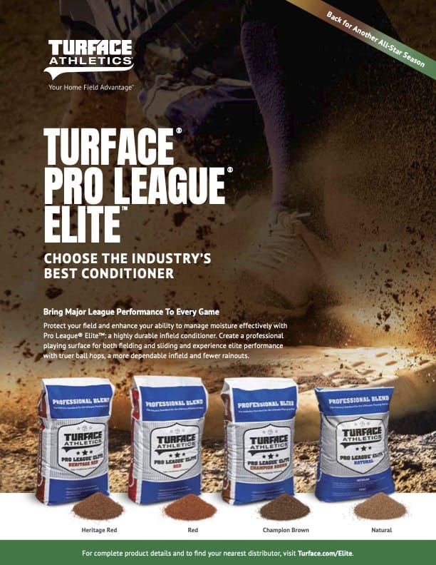 A baseball field is being renovated with Turface Pro League Elite conditioners. Four bags labeled Heritage Red, Red, Champion Brown, and Natural are shown on dirt next to a players foot sliding into base.