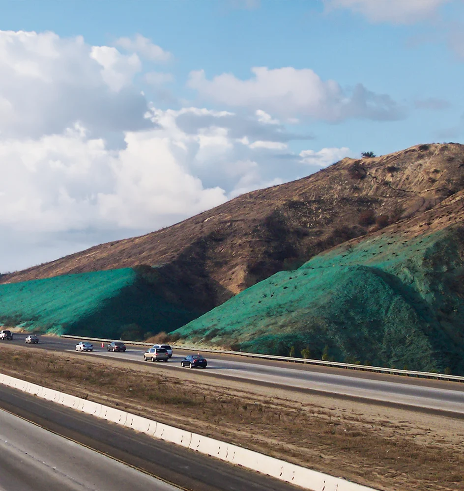 Highway and hillside with erosion control products