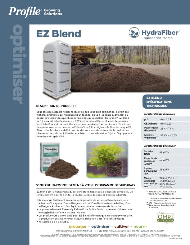 A promotional flyer for HydraFiber EZ Blend substrate with text, images of a soil pile, machinery, and a large bag labeled EZ Blend. Includes product description, technical specs, and certification logos.