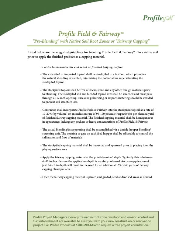 A document detailing guidelines for blending Profile Field & Fairway with native soil root zones, including steps for mixing, application rates, and rainfall considerations in a golf course setting.