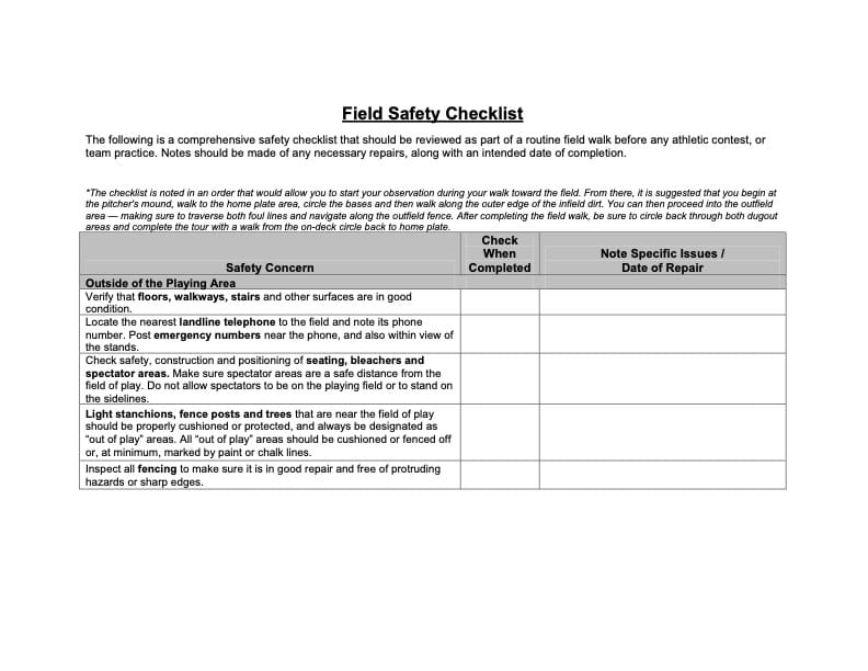 A field safety checklist table includes concerns like debris, phone access, damaged equipment, and safe conditions, with columns for notes and repair dates. The table is titled Field Safety Checklist..