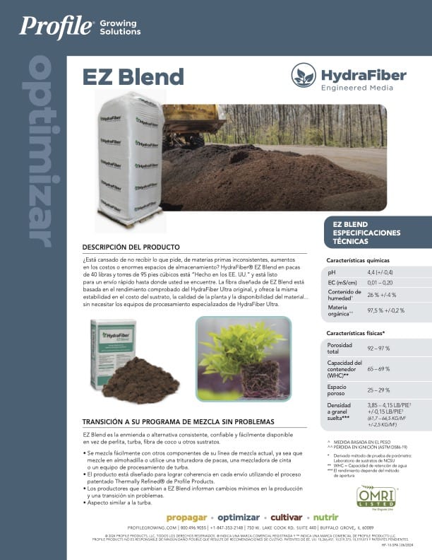 Product sheet for HydraFiber EZ Blend shows a bag, loose media, seedlings, and technical details. Text describes product benefits for soil mixes and provides chemical and physical specifications.