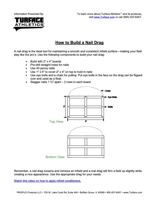 Instructional guide on building a nail drag for field maintenance, showing a diagram with labeled Top View and Bottom View, a parts list, assembly steps, and company information at the top and bottom of the page.