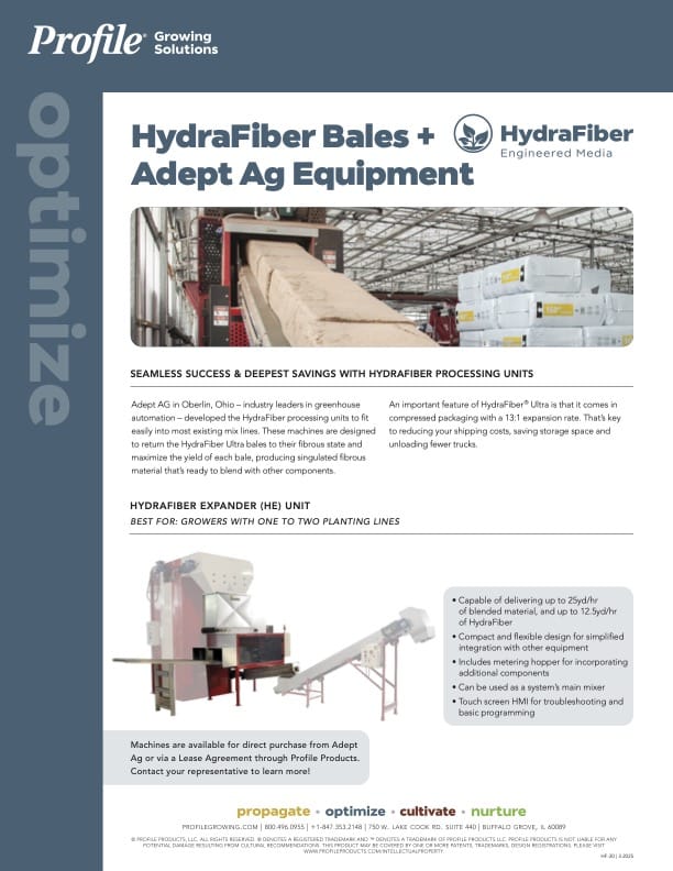 A forklift loads a large bale of HydraFiber onto Adept Ag equipment in a warehouse. Text describes equipment benefits, best uses, and purchasing options for growers.