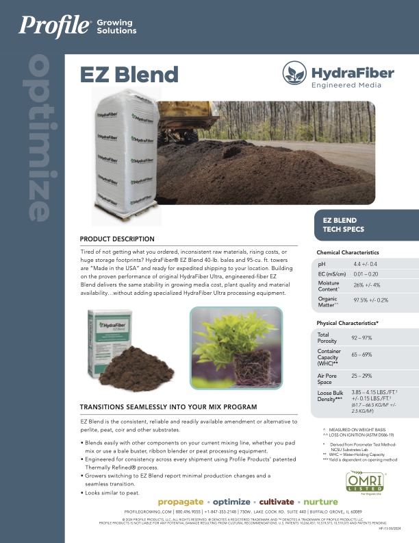 A promotional flyer for HydraFiber EZ Blend, showing a bag of the product, loose blend, tech specs, and descriptions about its use in growing media for plants. Logos and contact information are included.