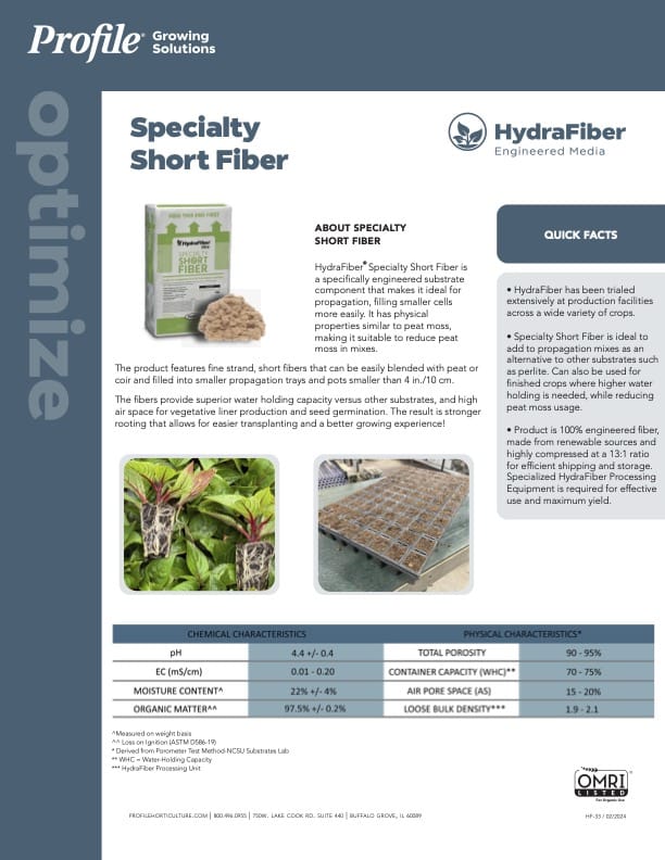 An informational flyer about HydraFiber Specialty Short Fiber, detailing its features, benefits, chemical and physical characteristics, and showing a bag of product with a photo of the fiber. Flyer uses blue, white, and gray colors.
