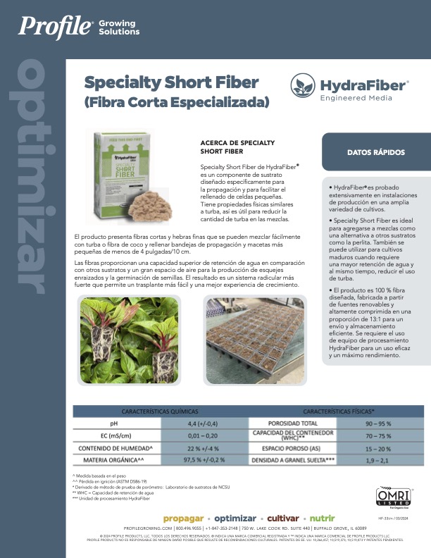 Product flyer for HydraFiber Specialty Short Fiber, featuring product information, a bag of fibers, plant roots, and a seedling tray, with chemical characteristics and a data table on a blue and white background.