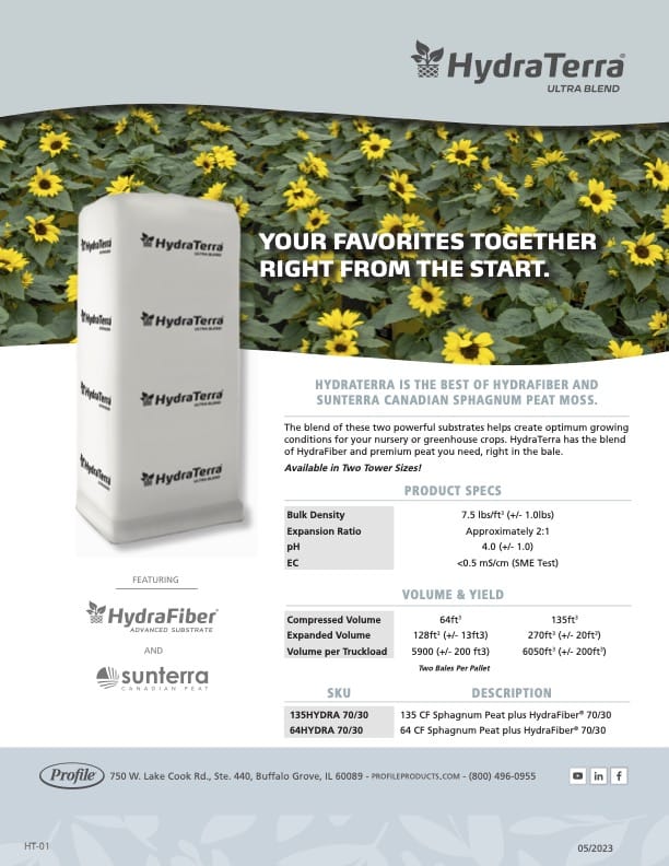 Promo flyer for HydraTerra Ultra Blend substrate, featuring product details, specs, and a large image of the packaged product against a greenhouse background with seedlings. HydraFiber and Sunterra logos are displayed.