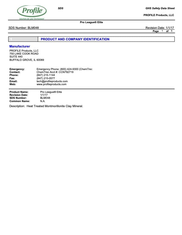 A safety data sheet for Pro League® Elite by PROFILE Products, LLC, showing contact information, SDS number BLM048, and basic product identification on page 1 of 5.