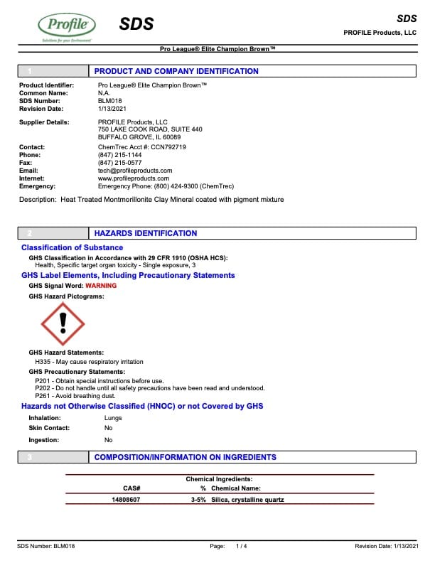 SDS document for Pro Leagues Elite Champion Brown. Includes product info, hazards identification with warning symbols, classification, and composition details. Text and tables are shown on a white page with colored headings.