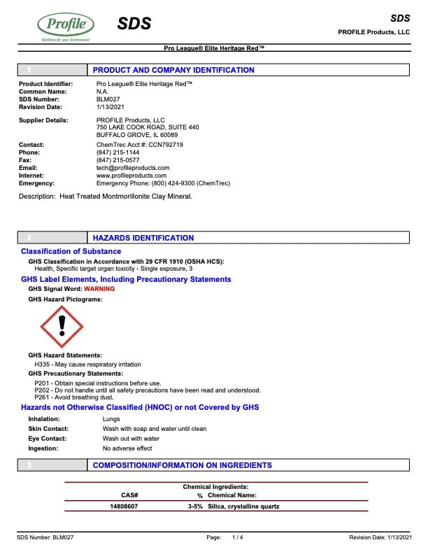 A safety data sheet page for Pro League® Elite Heritage Red™, listing product info, hazards, contact details, and composition. Includes sections for hazards identification and ingredient details. Text-heavy, formal document layout.