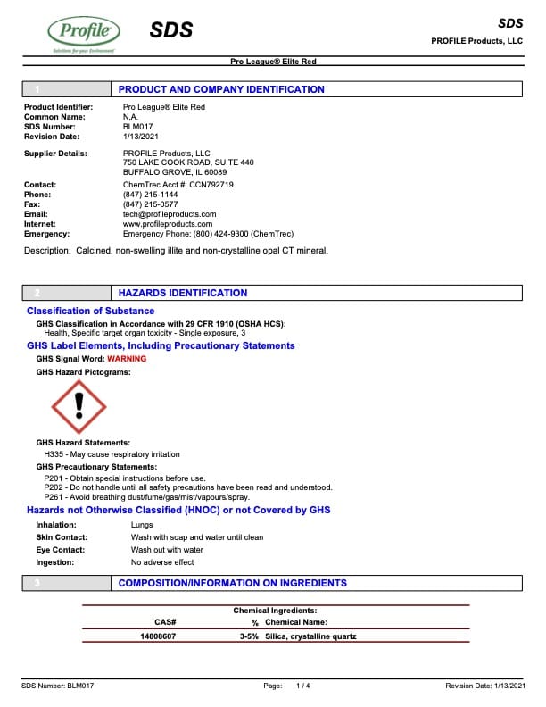 A safety data sheet (SDS) for Pro Leagues Elite Red, showing product identification, company info, hazard classification, warning label (exclamation mark), and composition details. Text and tables are displayed on the page.