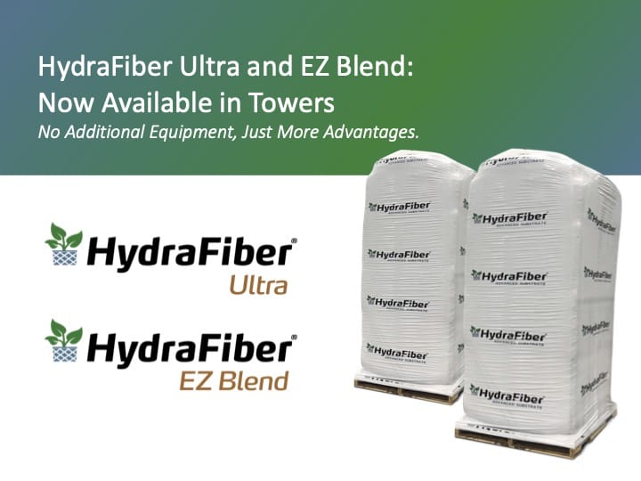 Two wrapped pallets of HydraFiber product bags next to HydraFiber Ultra and EZ Blend logos, with text announcing their tower availability and highlighting equipment-free advantages.