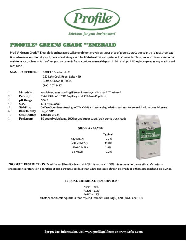 A product info sheet for Profile Greens Grade Emerald, with product details, chemical composition, analysis, and company contact info. The product image shows a green and white bag labeled Profile Greens Grade Emerald..