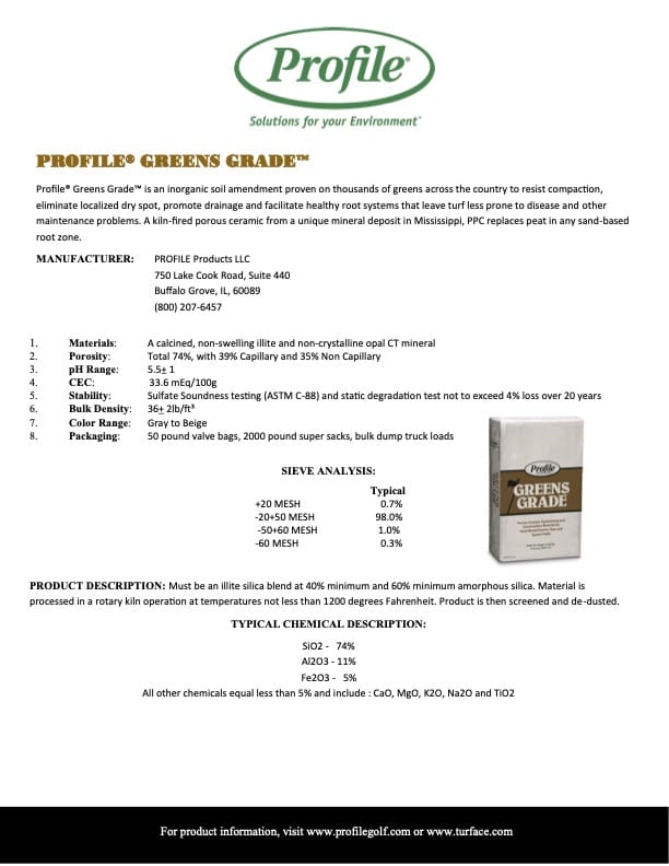 A product sheet for Profile Greens Grade, an inorganic soil amendment. It includes product details, benefits, manufacturer info, material composition, sieve analysis, and a product image on the right side.