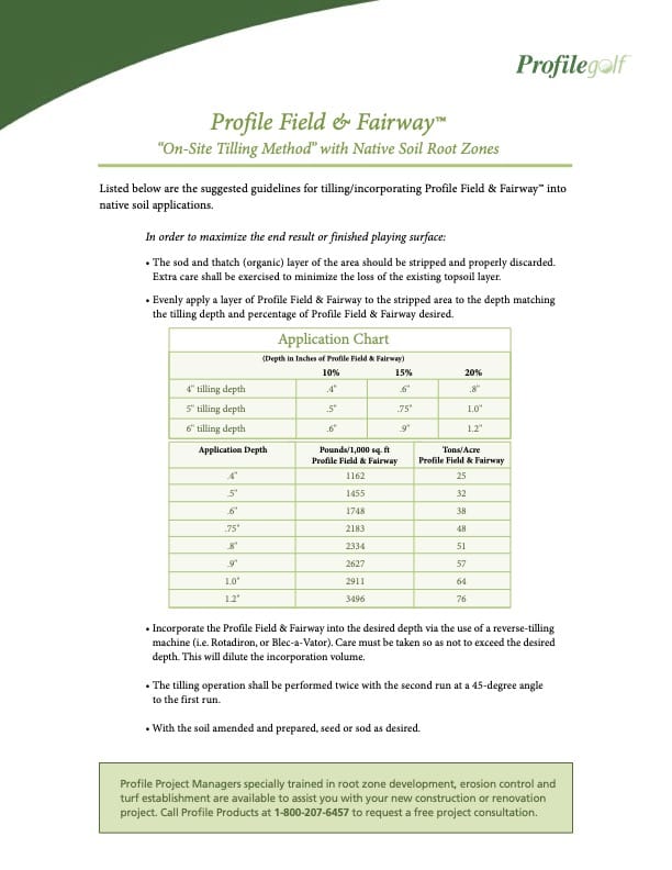 A green and white guide for using Profile Field & Fairway in native soil, including an application chart with tilling depths, rates, and a summary of instructions and contact info at the bottom.