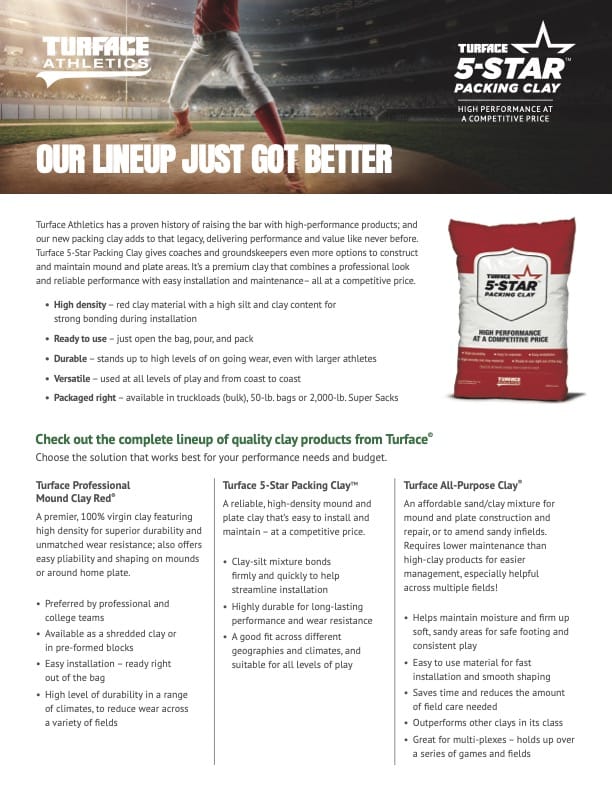A sports product flyer with text about Turface packing clay, a product image, and product features, highlighting benefits for mound building and maintenance in athletic fields.
