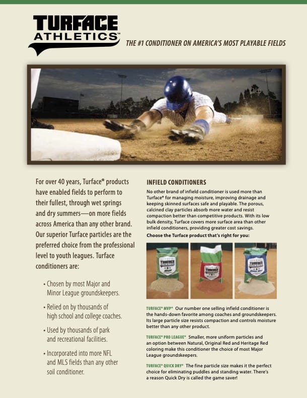 A baseball player slides into home plate on a dirt field. The Turface Athletics logo and text describe Turface products, showcasing three soil conditioner bags with product descriptions below.