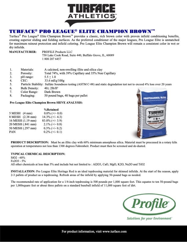 Product info sheet for Turface Athletics Elite Champion Brown infield conditioner. Includes description, technical specs, packaging, grading, and a product photo of the brown material bag standing upright. Manufacturer: Profile Products LLC.