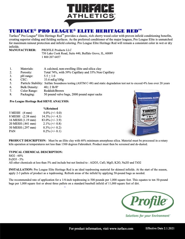 Flyer describing TURFACE® PRO LEAGUE® ELITE HERITAGE RED™ infield conditioner, listing specifications, benefits, distributor info, and product image of the bag on the right.