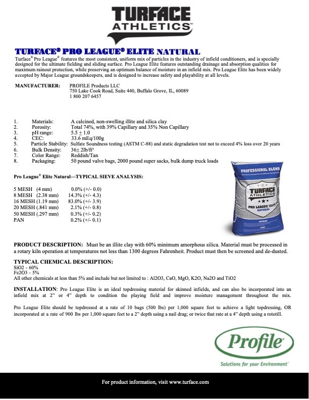 Product sheet for Turface Pro League Elite Natural athletic field conditioner, including product description, technical specs, benefits, typical sieve analysis, and an image of the product bag. Text and table details are visible throughout.