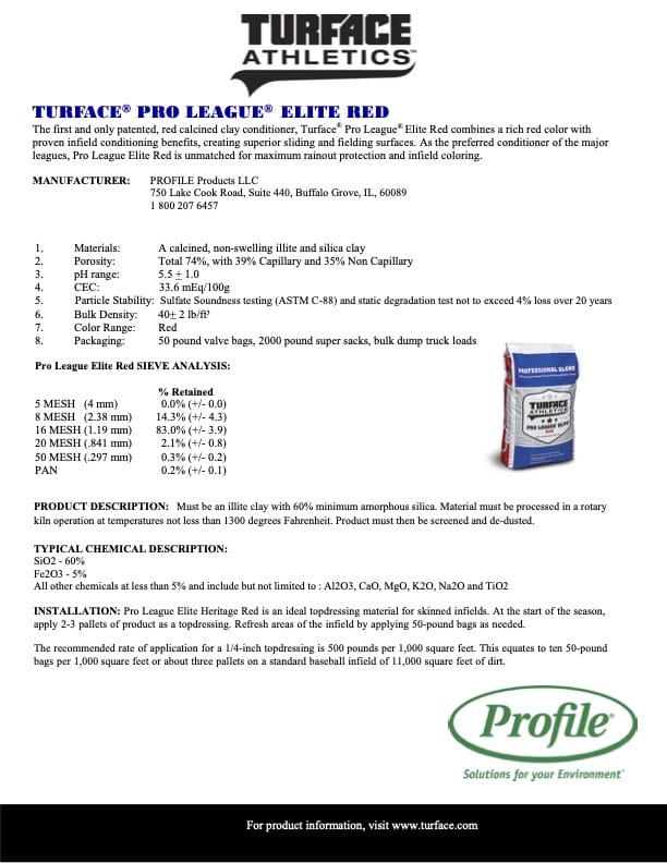 Product flyer for Turface Pro League Elite Red infield conditioner, listing product specifications, description, and benefits. Includes company logo, product image, material details, and contact information for Profile Products LLC.