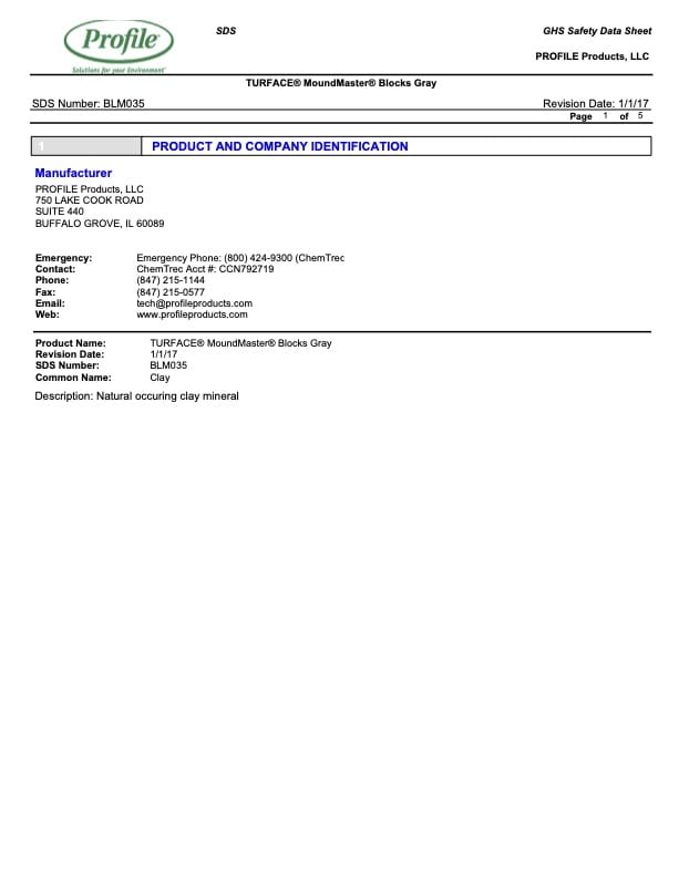 Safety data sheet for TURFACE® MoundMaster® Blocks Gray, showing product and company info, emergency contacts, and product description. Page 1 of 5, from PROFILE Products, LLC.