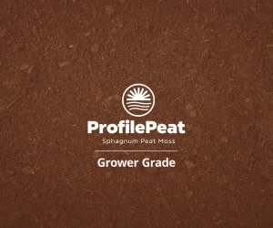 A brown textured background of sphagnum peat moss with the ProfilePeat logo, the text ProfilePeat Sphagnum Peat Moss and Grower Grade written in white.