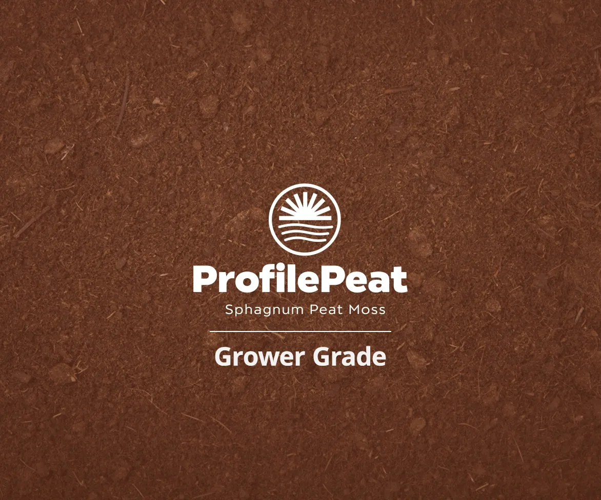 A brown textured background of sphagnum peat moss with the ProfilePeat logo, the text ProfilePeat Sphagnum Peat Moss and Grower Grade written in white.