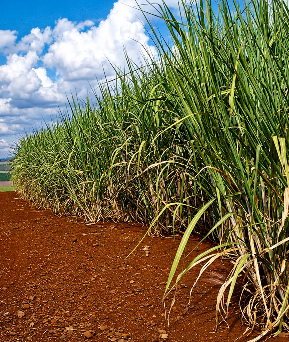 Rows of tall, green sugarcane plants grow in reddish-brown soil under a partly cloudy blue sky.