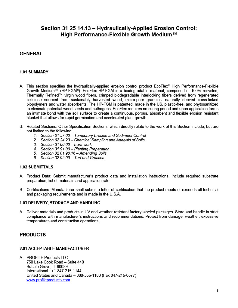 First page of the EcoFlex HP-FGM Specification PDF.