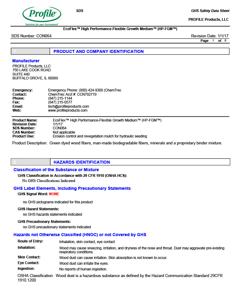 The first page of the EcoFlex High Performance Flexible Growth Medium HP-FGM SDS PDF.