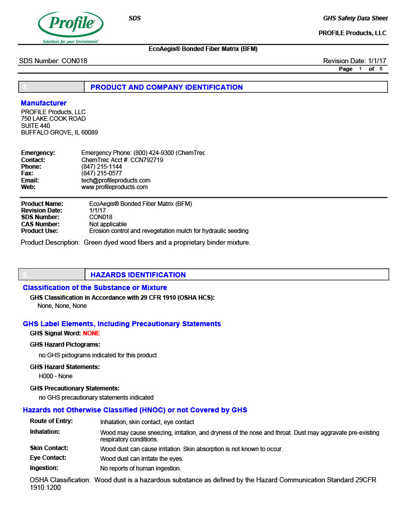 The first page of the EcoAegis Bonded Fiber Matrix (BFM) SDS PDF.