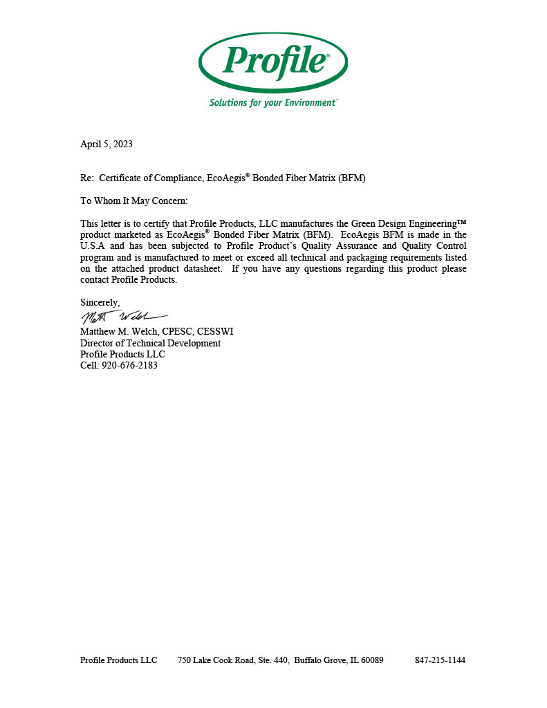 The first page of the Certificate of Compliance - EcoAegis BFM PDF.