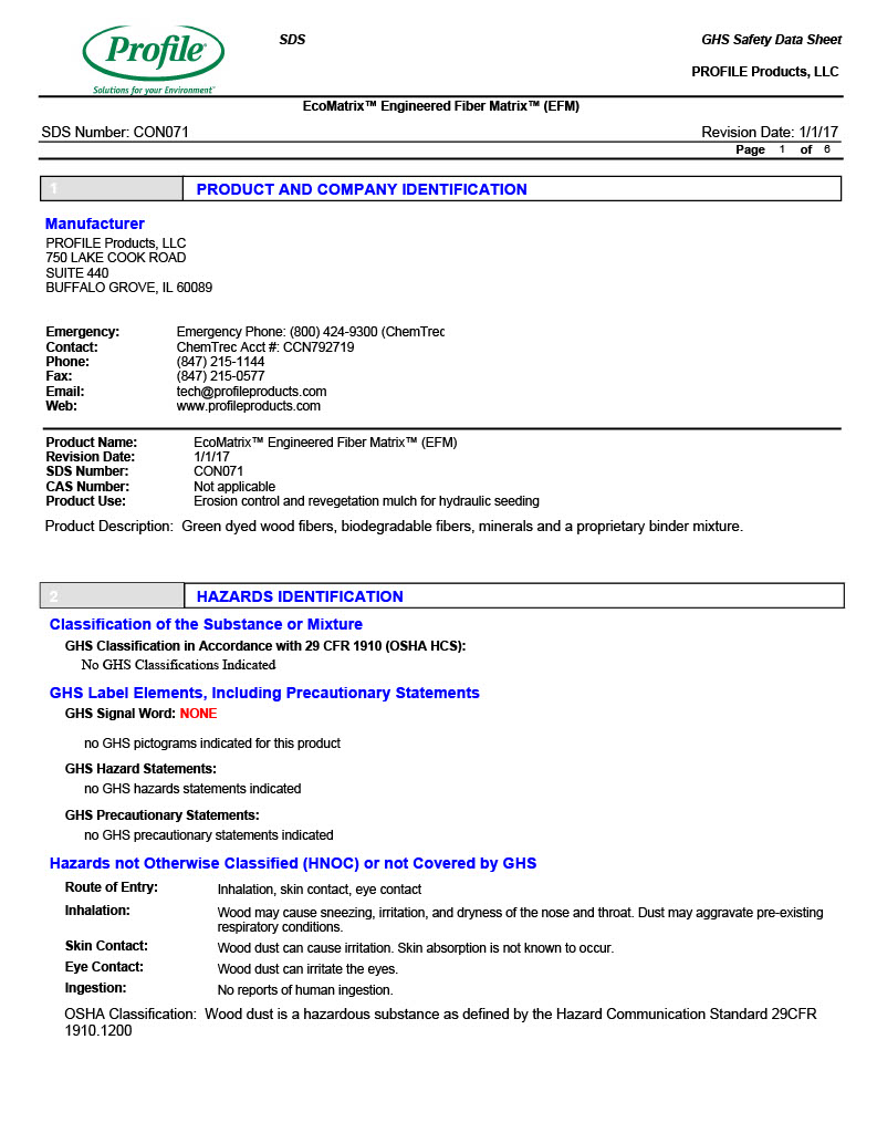 The first page of the EcoMatrix Engineered Fiber Matrix EFM SDS PDF.