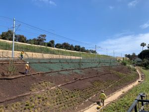 Three workers in safety vests are landscaping a sloped area beside a railway track, planting grass and shrubs under a clear blue sky. Logs and mesh are used for erosion control on the hill.