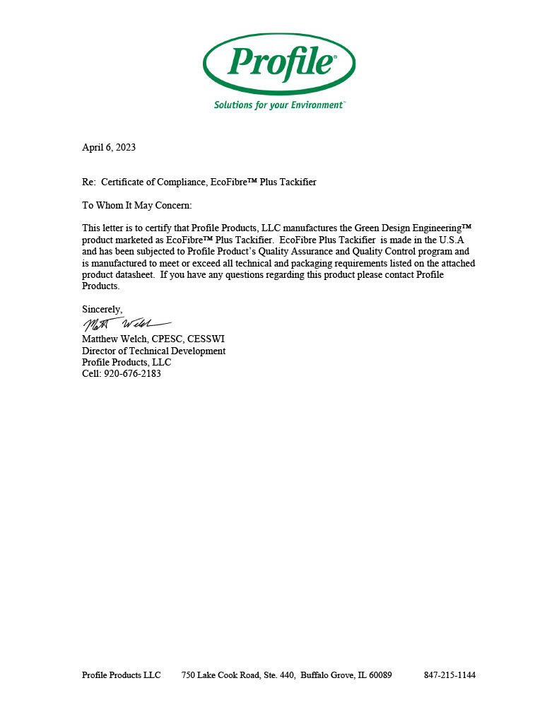 The first page of the Certificate of Compliance - EcoFibre Plus Tackifier PDF.
