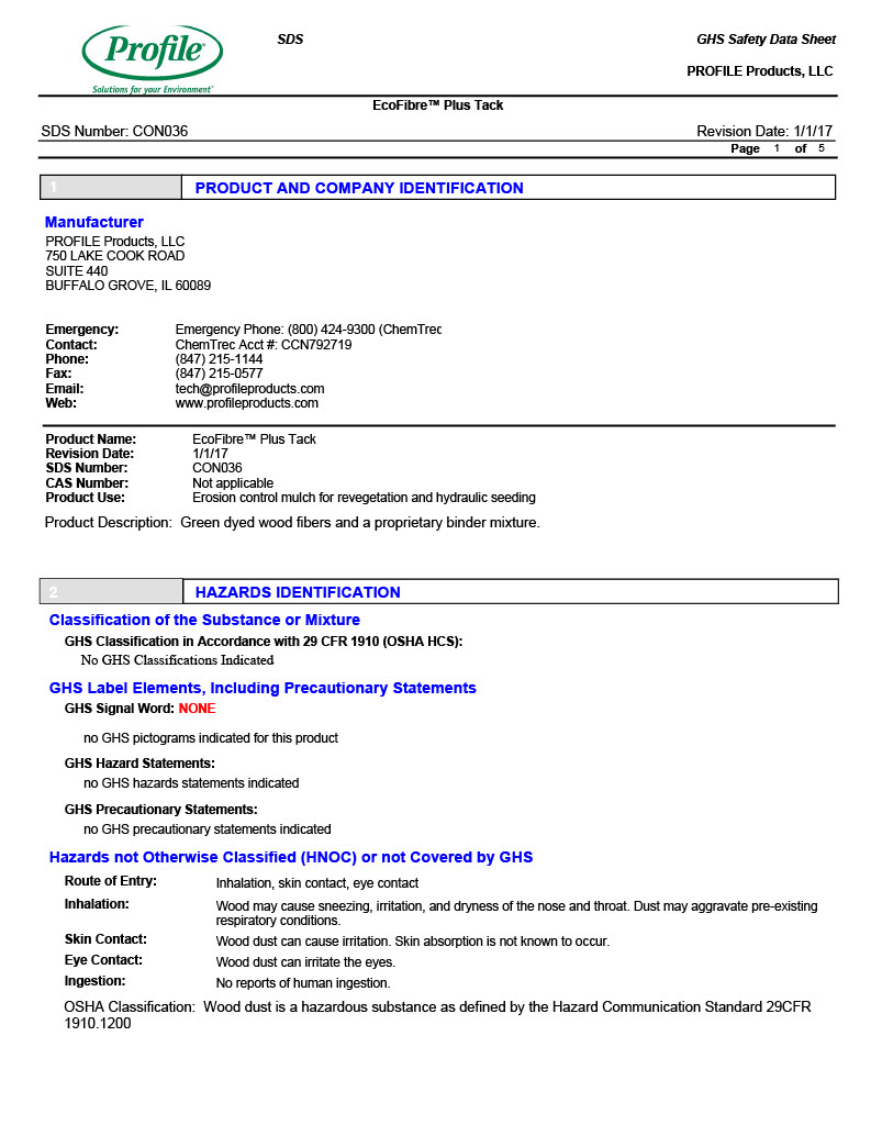 The first page of the EcoFibre Plus Tack SDS PDF.