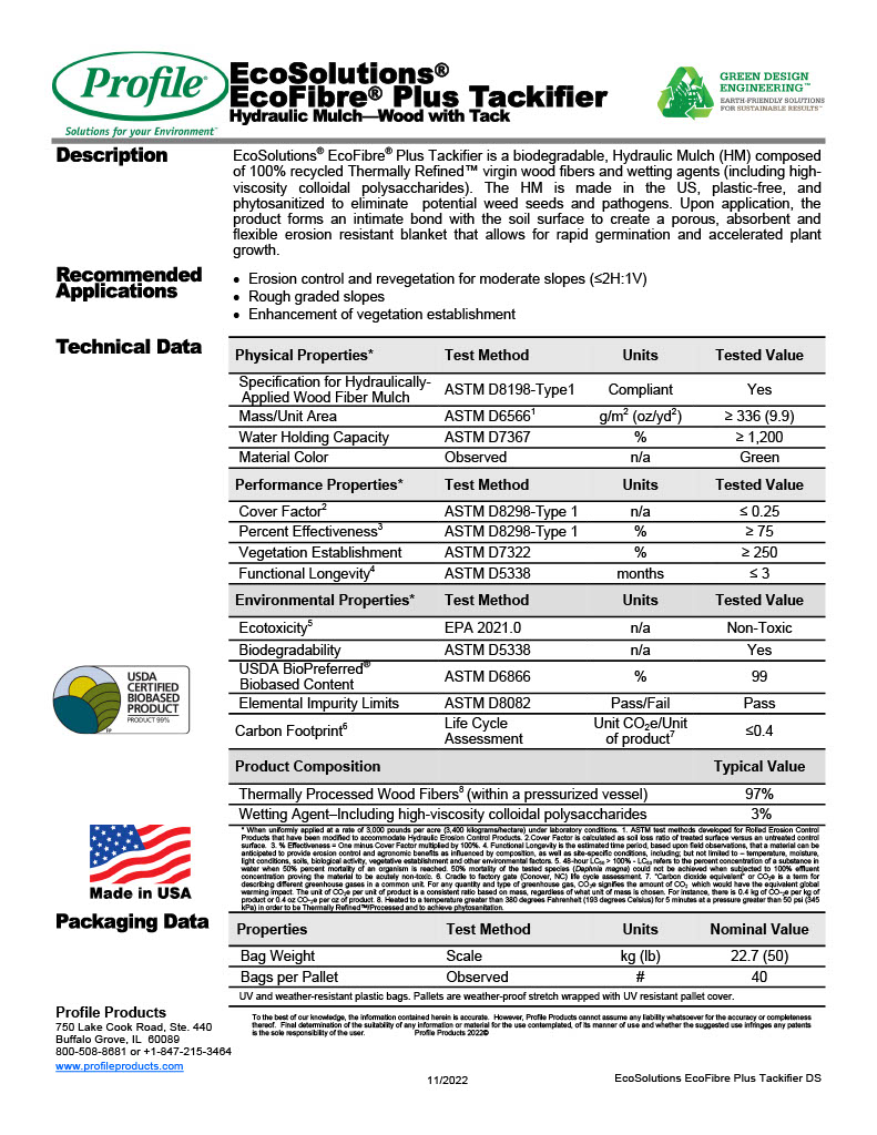 The first page of the EcoFibre Plus Tackifier Datasheet PDF.