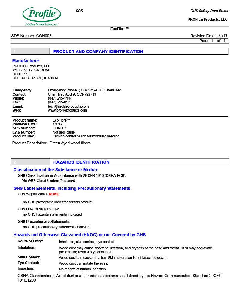 The first page of the EcoFibre SDS PDF.