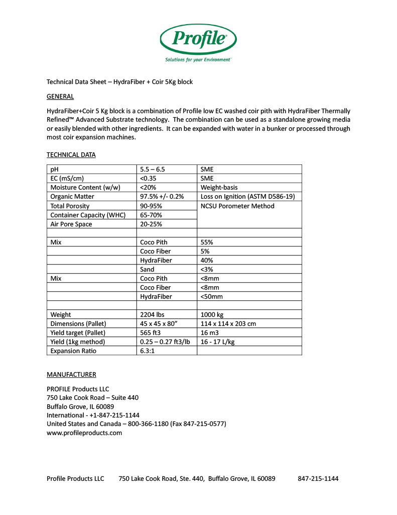 A technical data sheet for HydraFiber + Coir 5Kg block from Profile Products, listing product description, technical data, bulk density, bale size, and contact information in a tabular format.