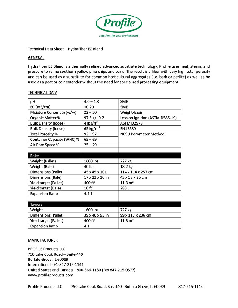 Technical data sheet for HydraFiber EZ Blend by Profile Products, listing blend ratio, moisture, pH, weight, certifications, packaging, and manufacturer contact info. Black text on a white background with green accents and logo.