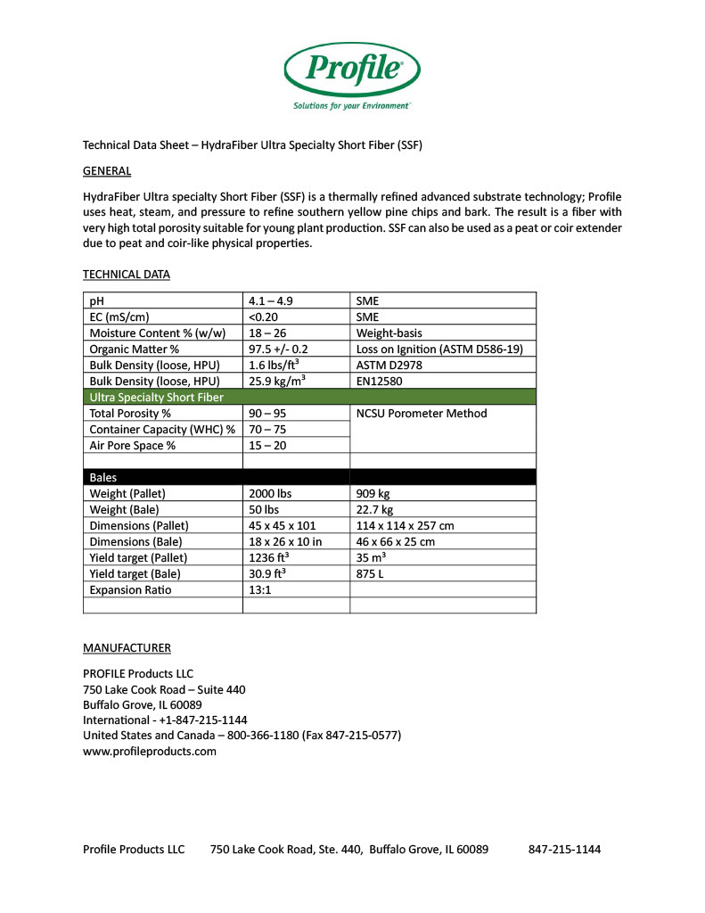 A technical data sheet for HydraFiber Ultra Specialty Short Fiber, listing specifications like pH, moisture, bulk density, and nutrients. Includes company logo, product description, and contact details for Profile Products LLC.