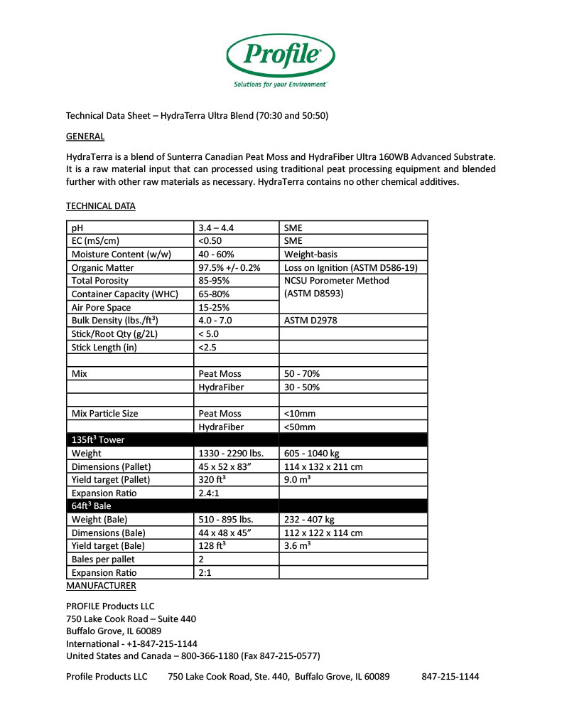 A technical data sheet for HydraTerra Ultra Blend, showing specifications, product mix ratios, and company contact details in a tabular and text format with the Profile logo at the top.