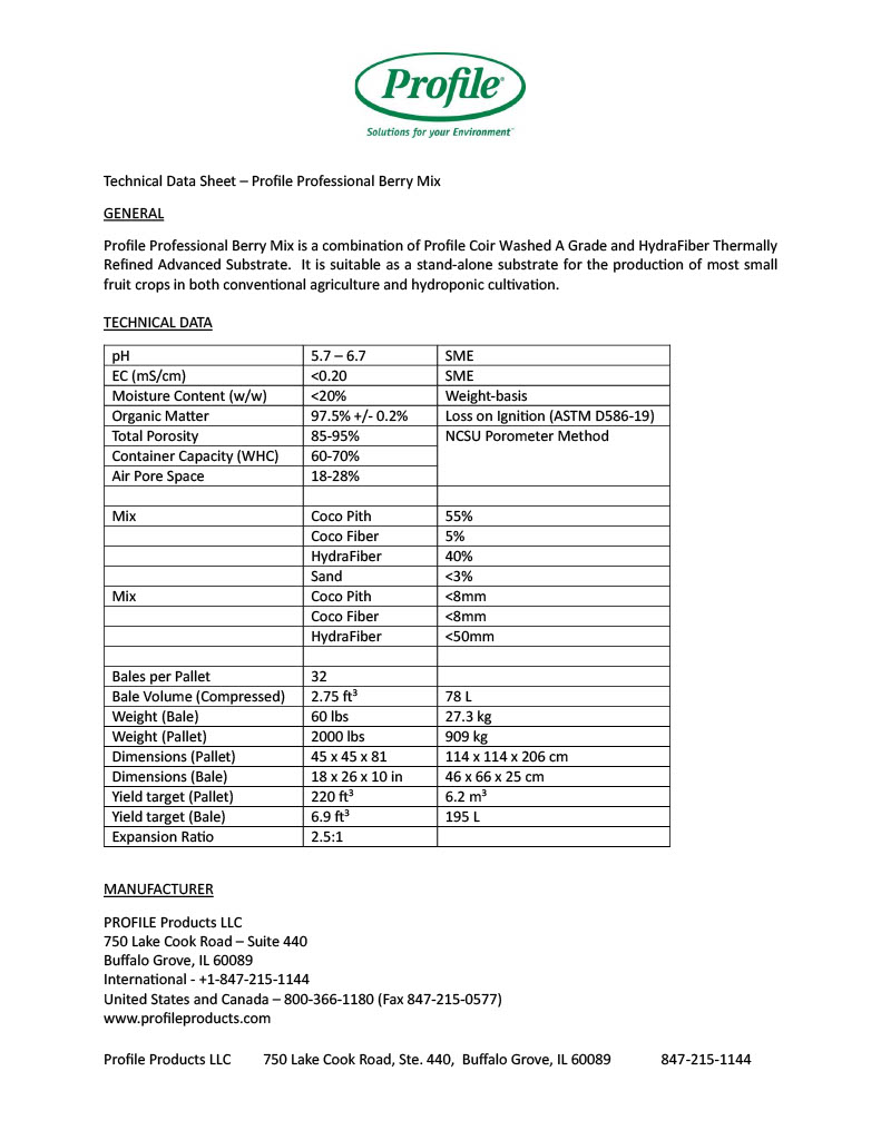 Technical data sheet for Profile Professional Berry Mix. Describes it as a blend of Coir and HydraFiber for fruit crops, providing details on pH, EC, organic matter, porosity, composition, bale dimensions, weight, and manufacturer contact info.