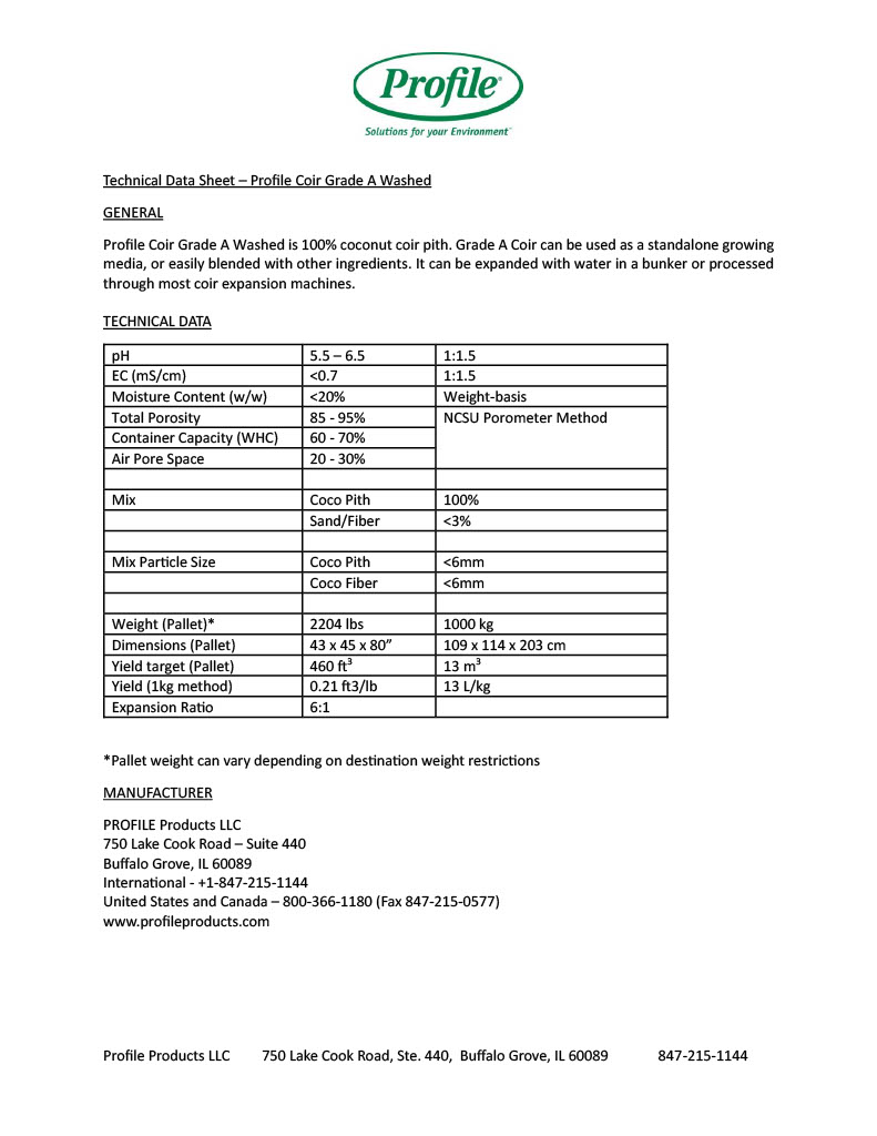 A technical data sheet for Profile Coir Grade A Washed, showing specifications like pH, total porosity, container capacity, air pore space, mix, particle size, weight, expansion ratio, and company contact information.