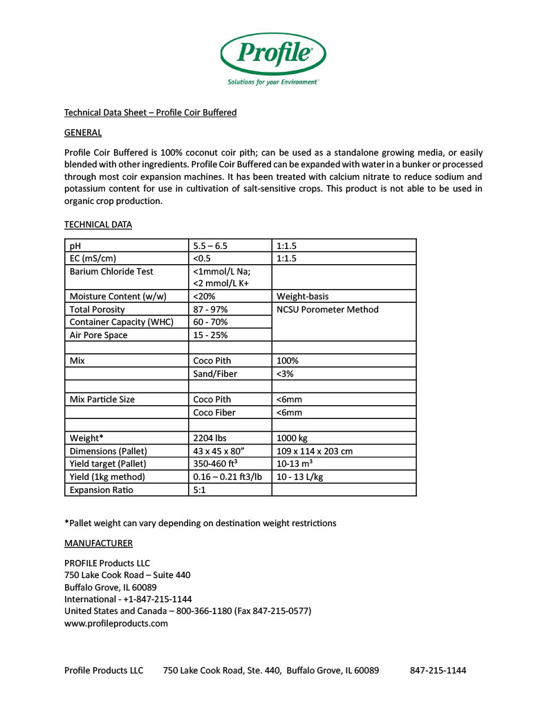 A technical data sheet for Profile Coir Buffered, showing product specifications, technical data, mix ratios, packaging, and manufacturer contact information on a white background with green accents.