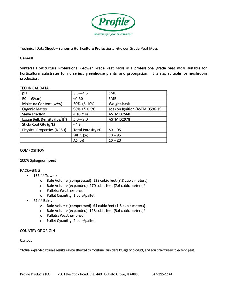 A technical data sheet for Sunterra Horticulture Professional Grower Grade Peat Moss by Profile Products, listing specifications, packaging details, and company contact information.